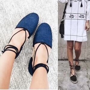 FRYE Leo Denim Espadrilles Wrap Up Lace Navy Size 7M